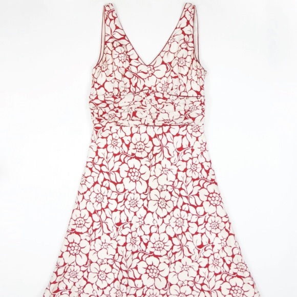 Ann Taylor Petites Red & Ivory Floral Surplice 12P Silk Dress - Picture 2 of 9